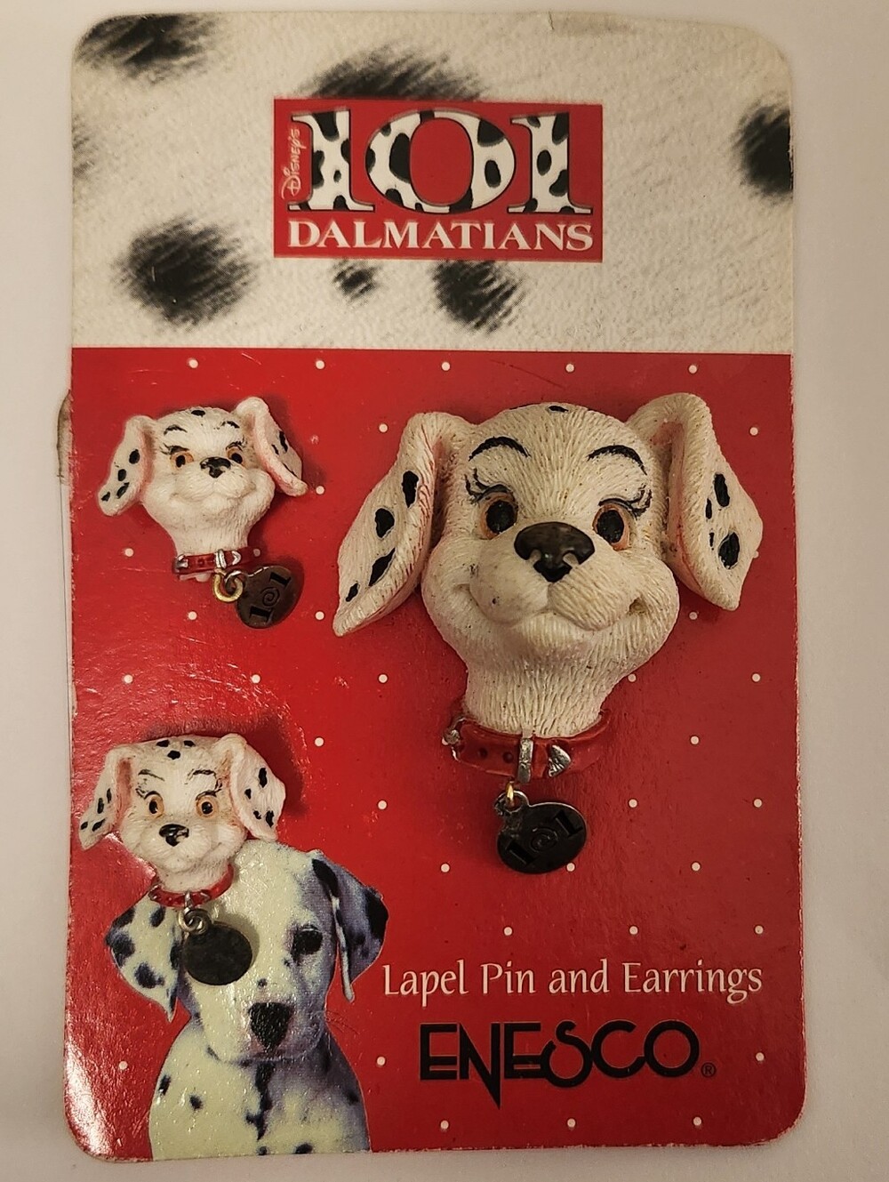 Vintage Disney 101 Dalmatians Enesco Puppy Brooch Pin & Earrings Set